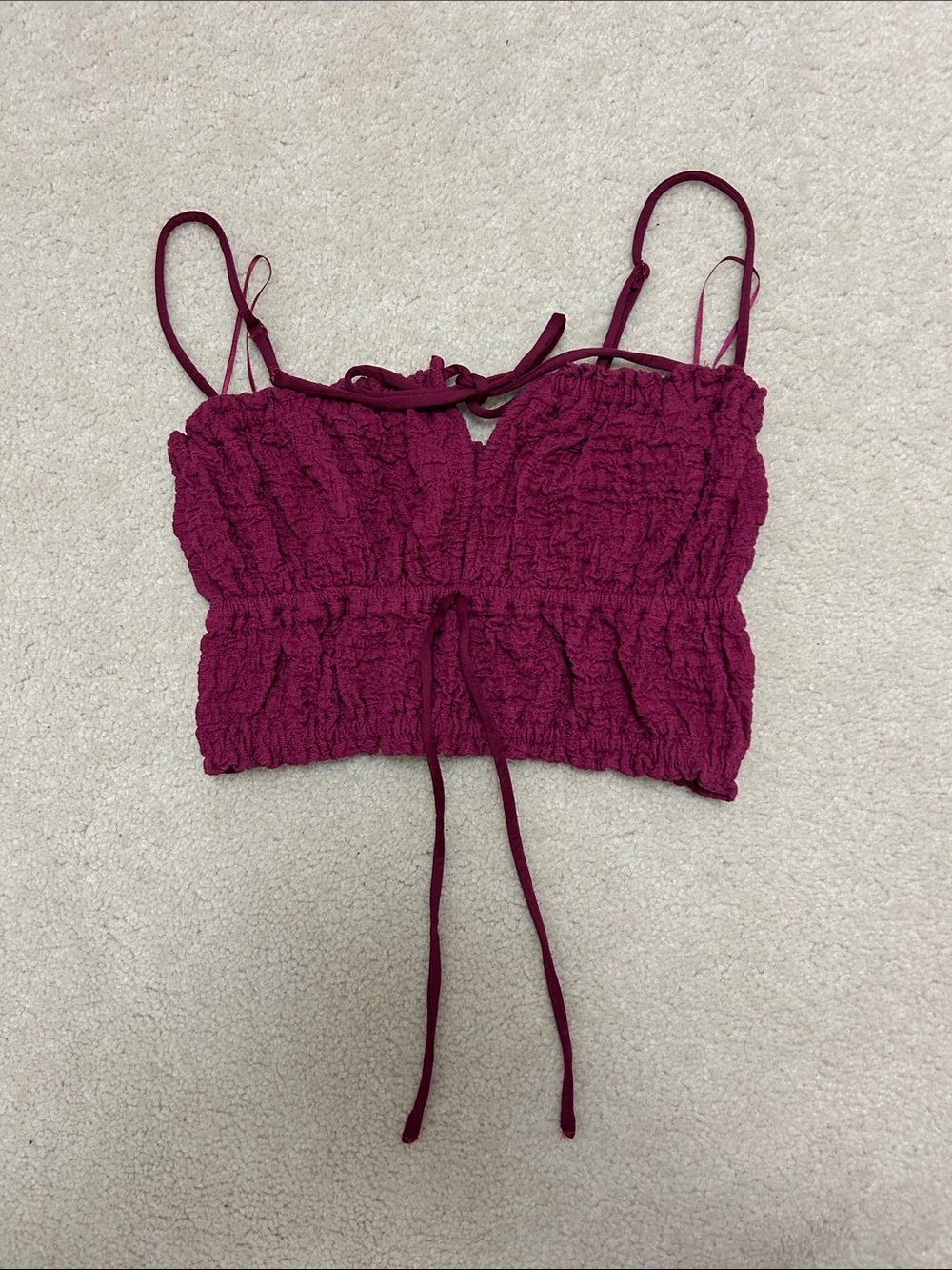 Garage Berry Crinkle Smocked Tie-Front Crop Camisole